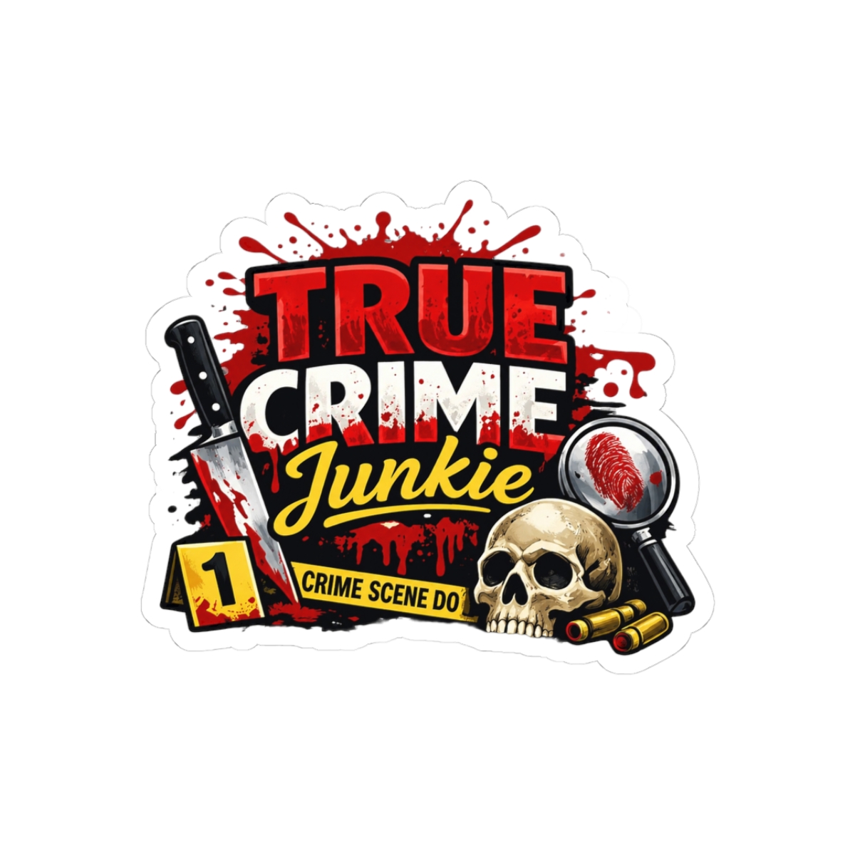 True Crime Junkie – Dark Crime Scene Sticker Design