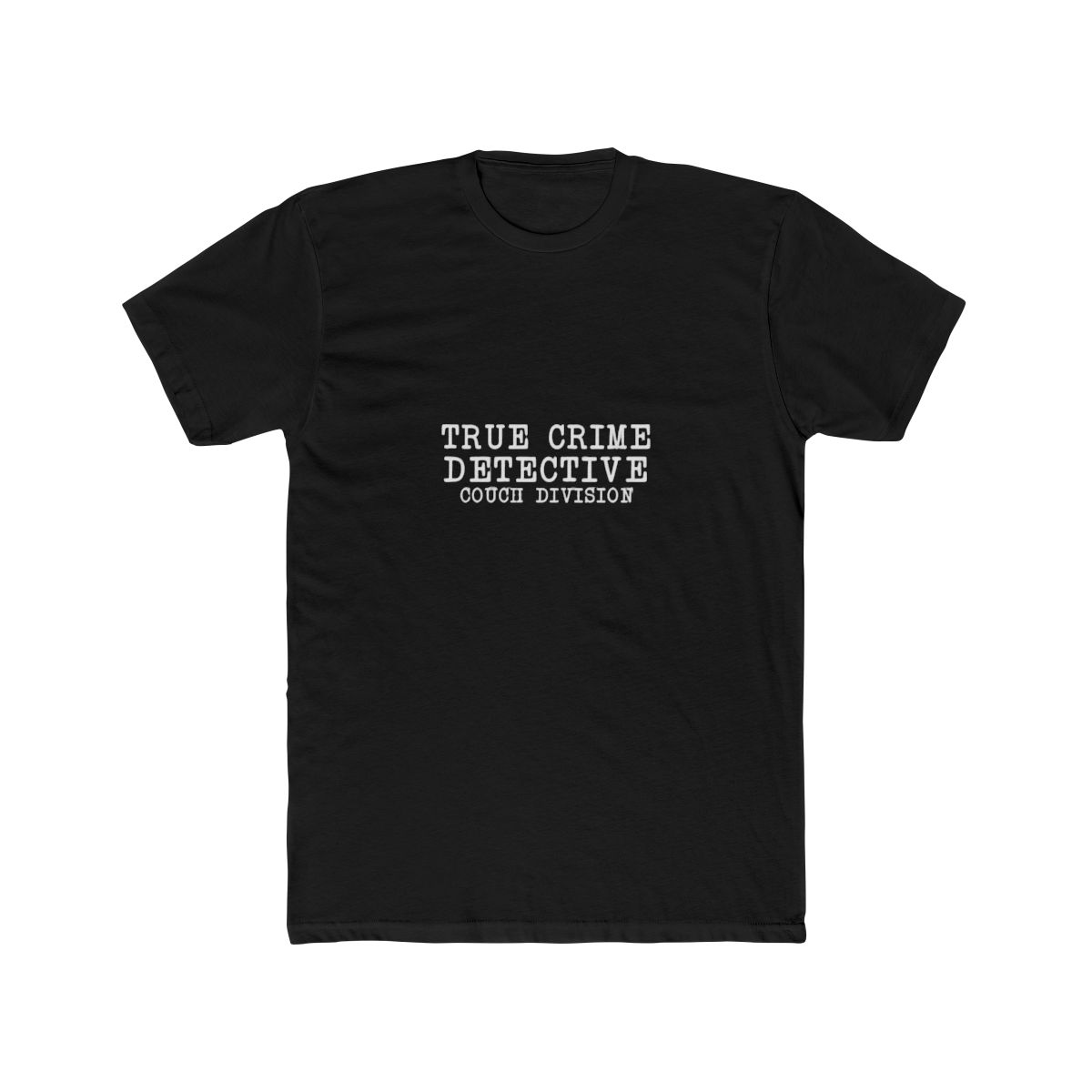 A grey T Shirt with the white text "TRUE CRIME DETECTIVE COUCH DIVISION". A gold-coloured necklace with a pendant lies on the shirt. A brown hat is partially visible in the upper left corner - alternate angle 3, merchandise