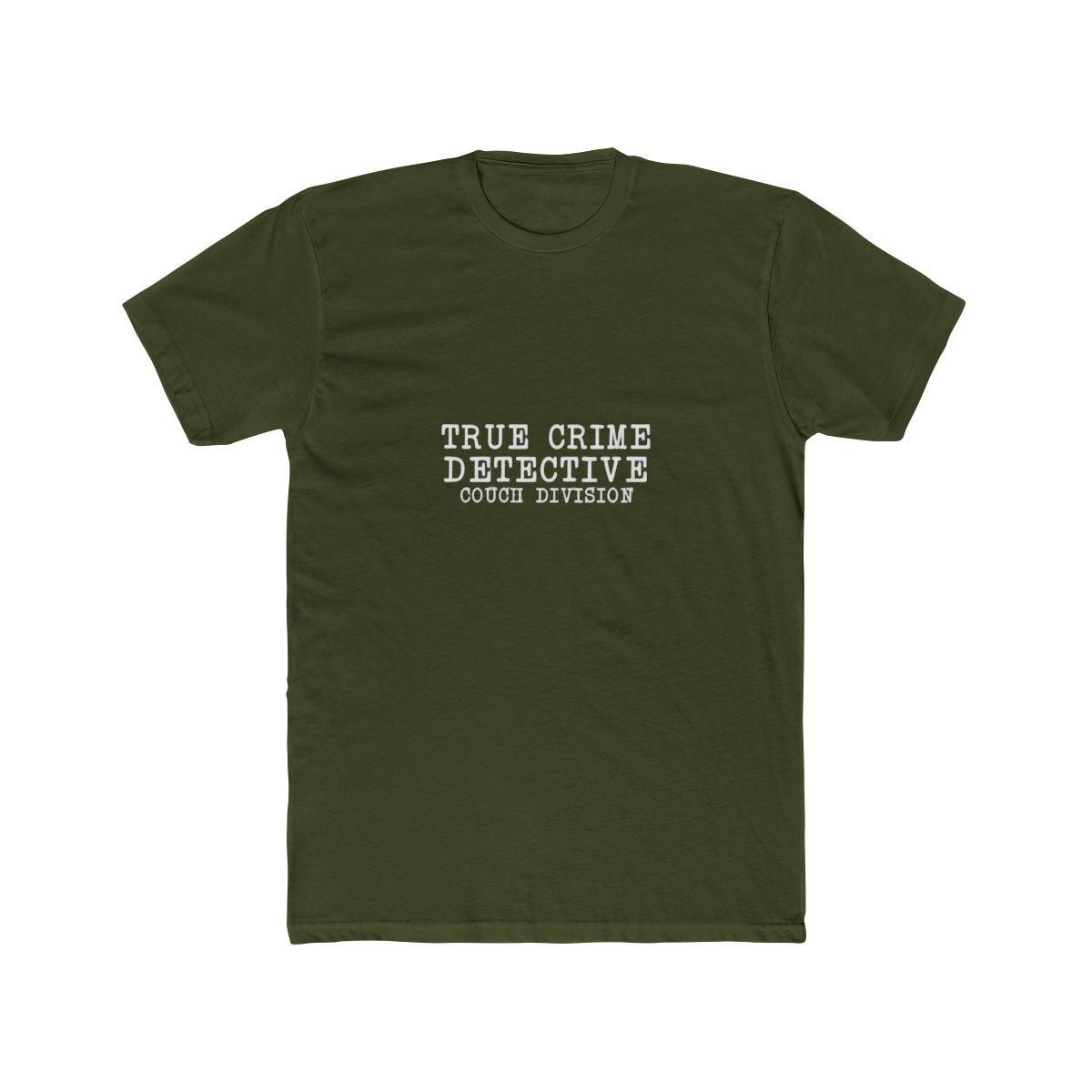 A grey T Shirt with the white text "TRUE CRIME DETECTIVE COUCH DIVISION". A gold-coloured necklace with a pendant lies on the shirt. A brown hat is partially visible in the upper left corner - alternate angle 5, merchandise