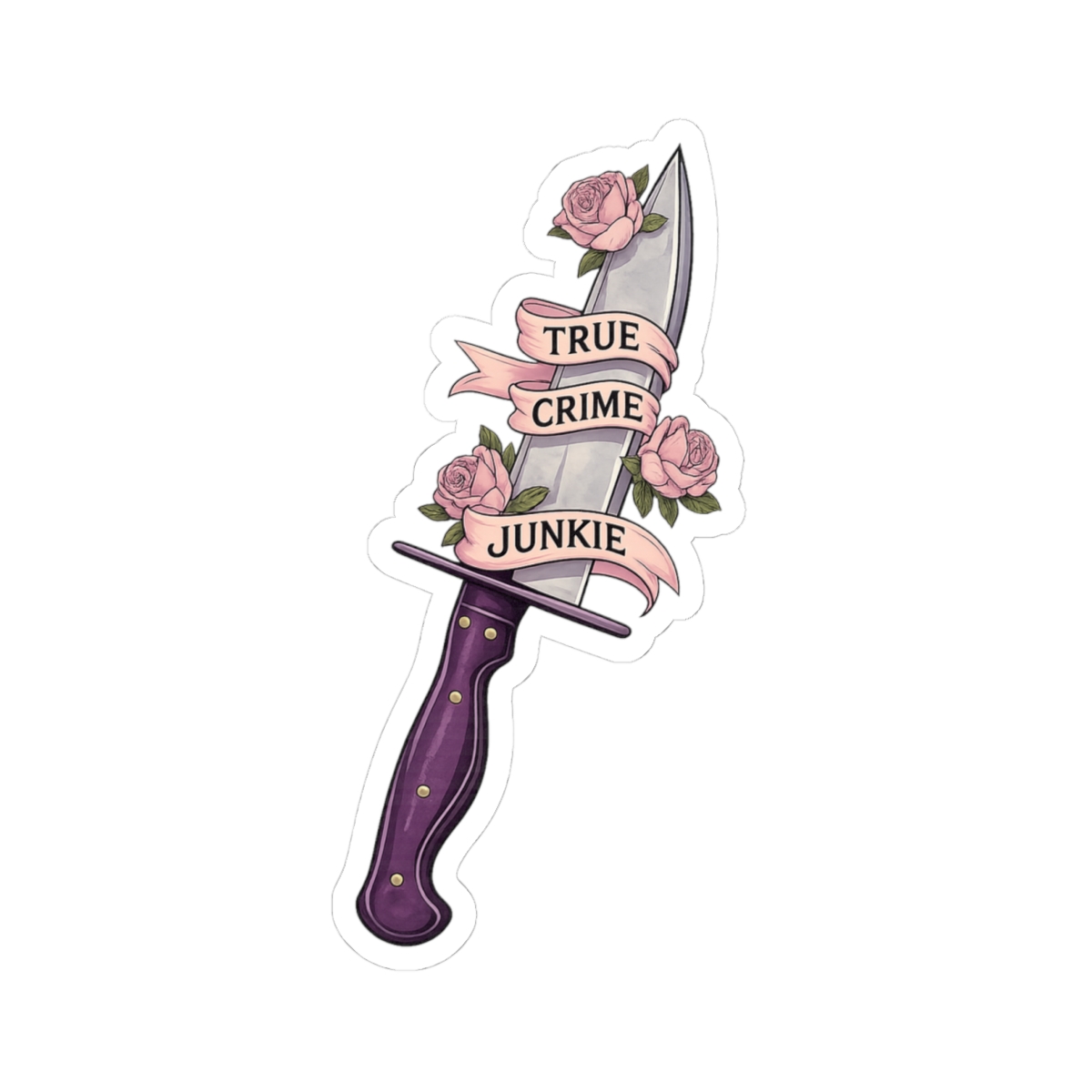 True Crime Junkie Knife sticker | Kiss-cut vinyl sticker, floral dagger design | Crime Junkies Podcast Merch