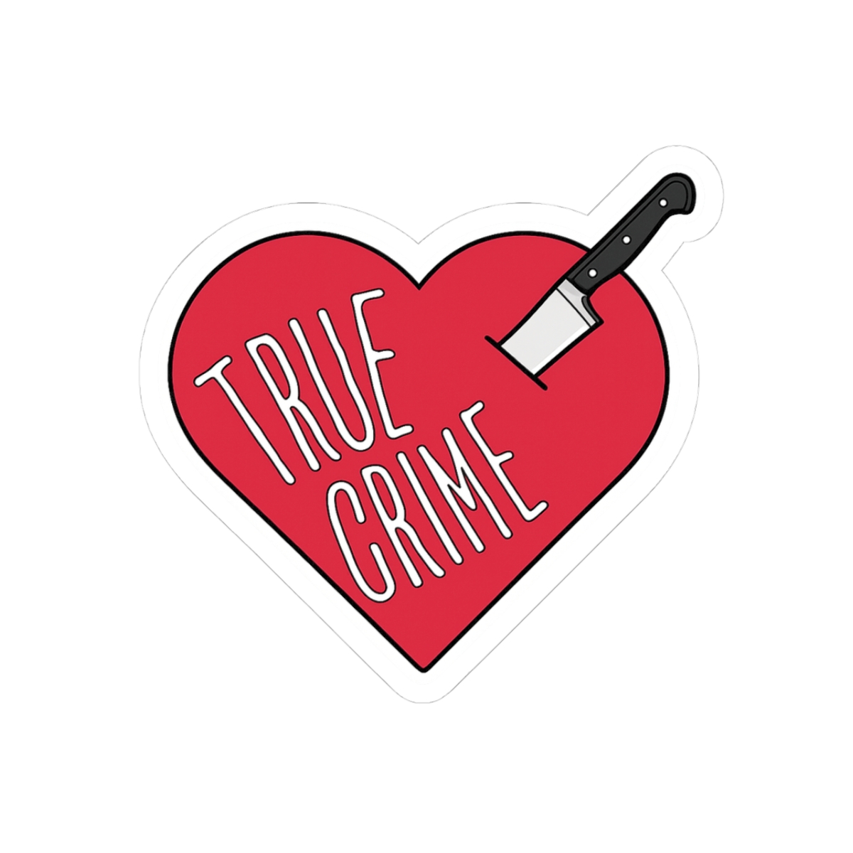 True Crime Heart Kiss-Cut Sticker | Red heart with knife illustration | Crime Junkies Podcast Merch